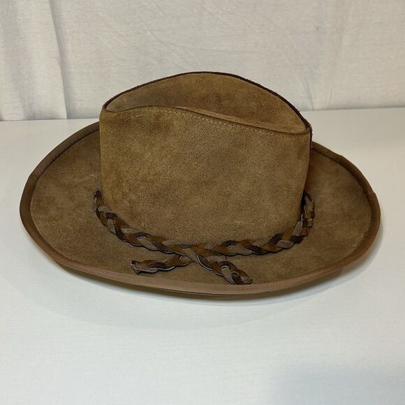 Henschel outdoor leather outback - Gem Vtg Henschel Skullys Braid Suede Hat LG Cowhide Leather Outback Bush USA Cowboy